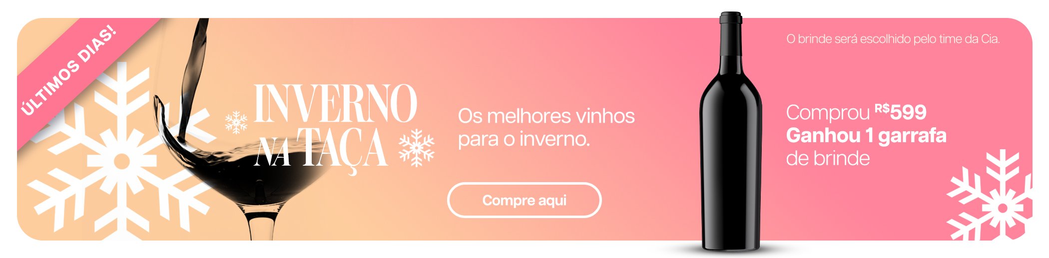 Banner de campanha inverno na taça com uma garrafa de vinho